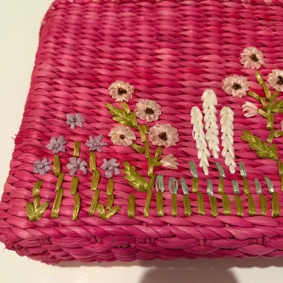 Vintage 1980’s Marlo Pink Floral Embroidered Woven Tote Bag Purse - Picture 4 of 14